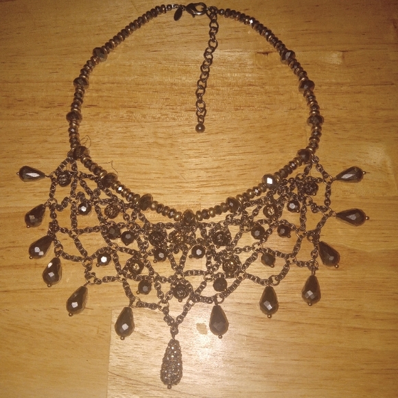 Vintage Chico's BoHo Bibb Necklace style Gold silver brown glass mix metals bead - Picture 4 of 16